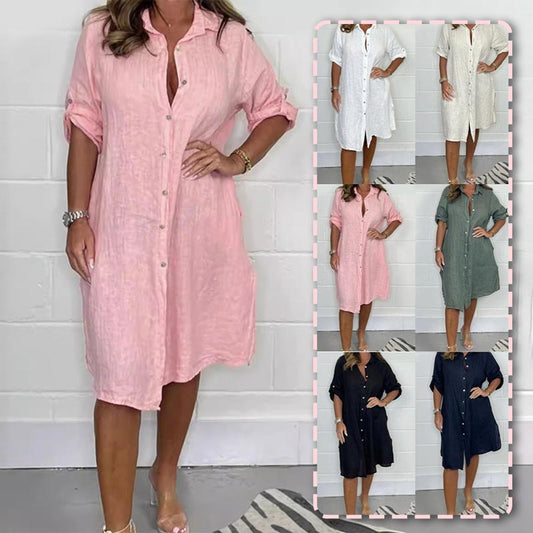 Women's Cotton and Linen Button Shirt Dress