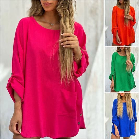 💕Limited Time Offer 39% OFF🌹Women's Solid Color Loose Tops with Roll-Up Sleeves