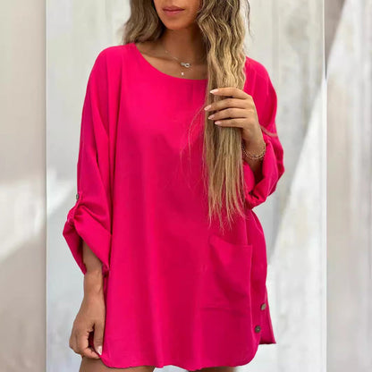 💕Limited Time Offer 39% OFF🌹Women's Solid Color Loose Tops with Roll-Up Sleeves