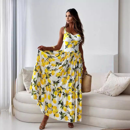 🌷Limited Time Offer 41% OFF🍋Women’s Elegant Lemon Print Spaghetti Strap Flowy Long Dress