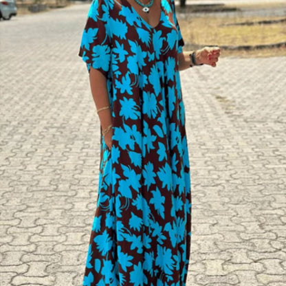 Women’s Trendy Print Loose Fit V Neck Long Dress