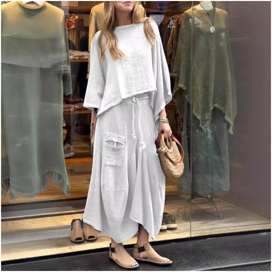 🍂Early Fall Specials 50% OFF💕 Women's Casual Round Neck Top and Loose Half-body Skirt Two-piece Set