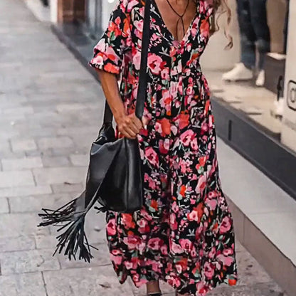 Women's Loose V-Neck Floral Flowy Dress