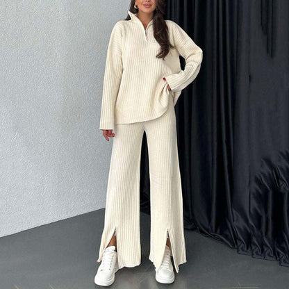 ✨New Arrival✨ Women's Cozy Ribbed Knit Two-Piece Set with Slit-Leg Pants