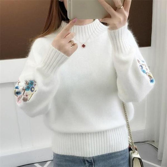 Women’s White Thick Knit Half High Neck Sweater – Sweet Short Pullover