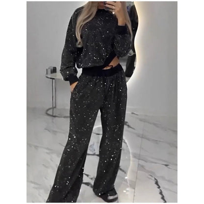 Sequined Loose Fit Top and Wide Leg Pants Two-Piece Set